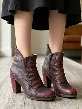 Dkode Burgundy Leather Ankle Boots Women's EU 39 Block Heel Zip-Up Booties